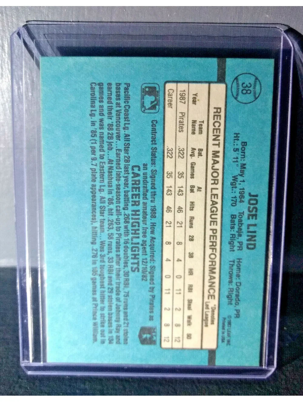 1988 Jose Lind Donruss Rated Rookie #38 Baseball Card